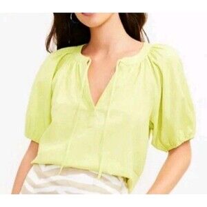 LOFT Womens Top Size small Lime Green Linen Blend Tie Neck Puff Sleeve Peasant